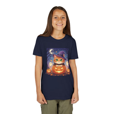 Halloween cute kitten anime style 7 Unisex Youth Tee | T-Shirt, Cute Pumpkin Shirt, Kids Halloween Outfit, Cat Lover Gift, Fun Fall Apparel