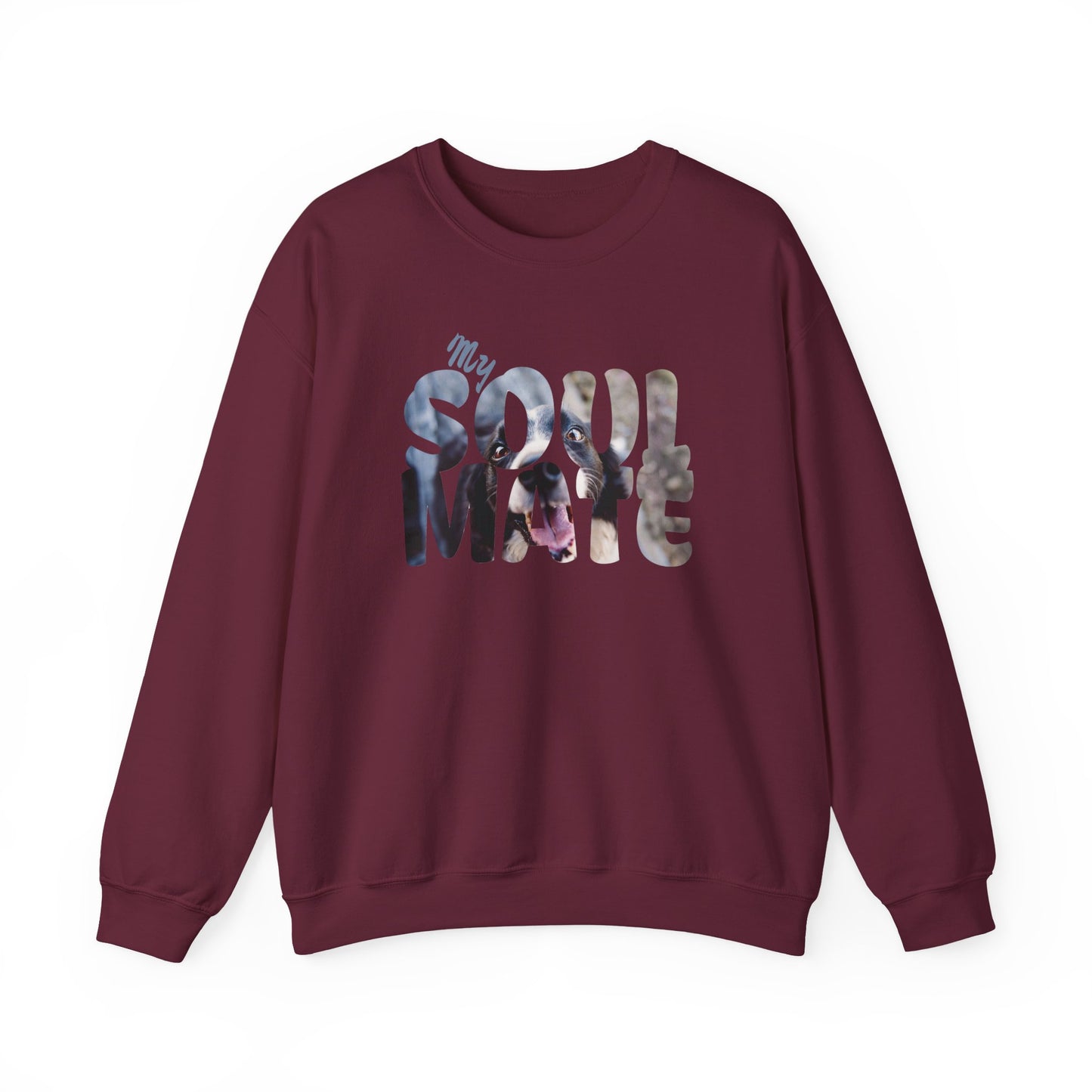 Dog My Soulmate Unisex Crewneck Sweatshirt in burgundy with floral design and lettering.