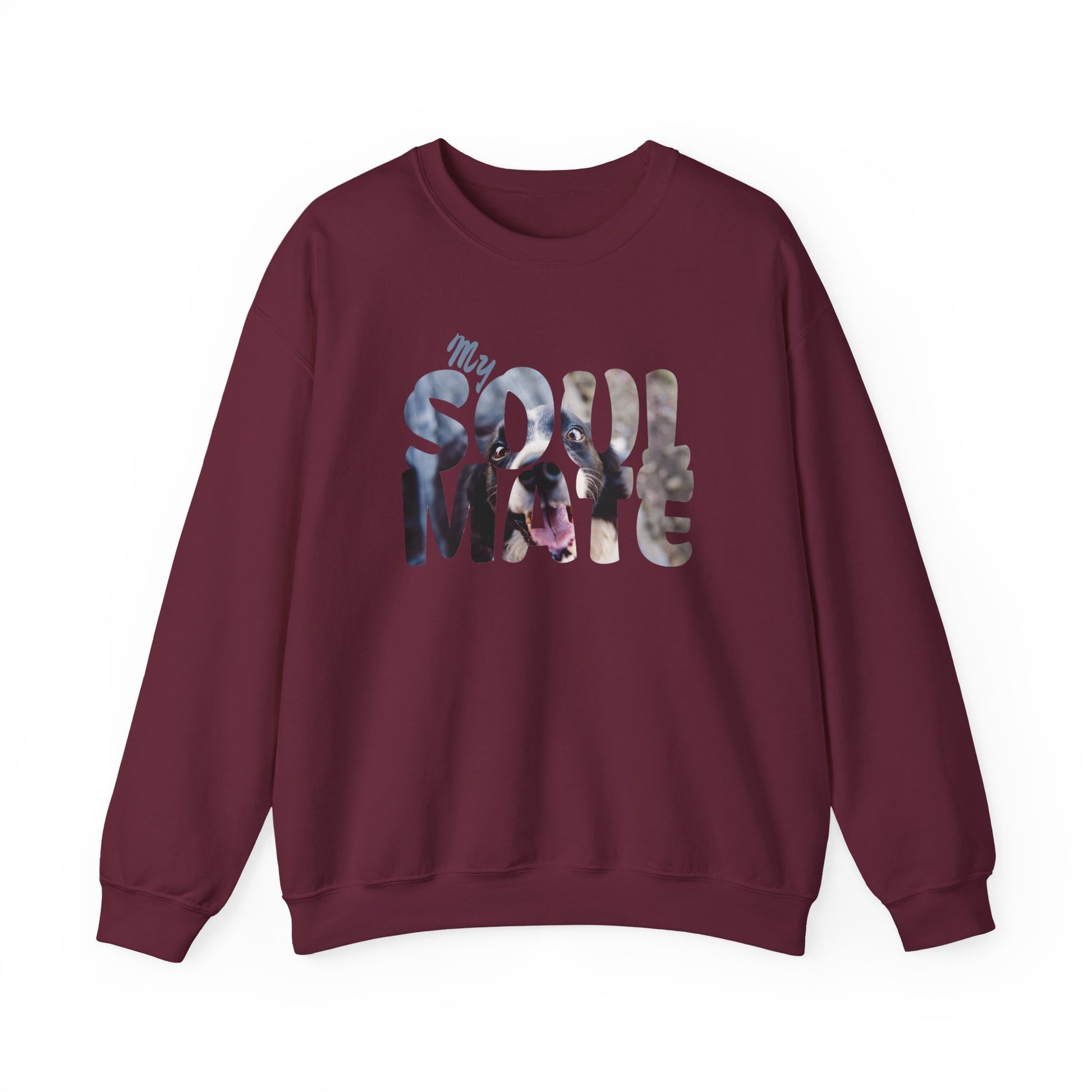 Dog My Soulmate Unisex Crewneck Sweatshirt in burgundy with floral design and lettering.