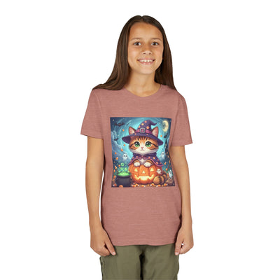 Halloween cute kitten anime style 2 Unisex Youth Tee | T-Shirt, Cute Pumpkin Shirt, Kids Halloween Outfit, Cat Lover Gift, Fun Fall Apparel