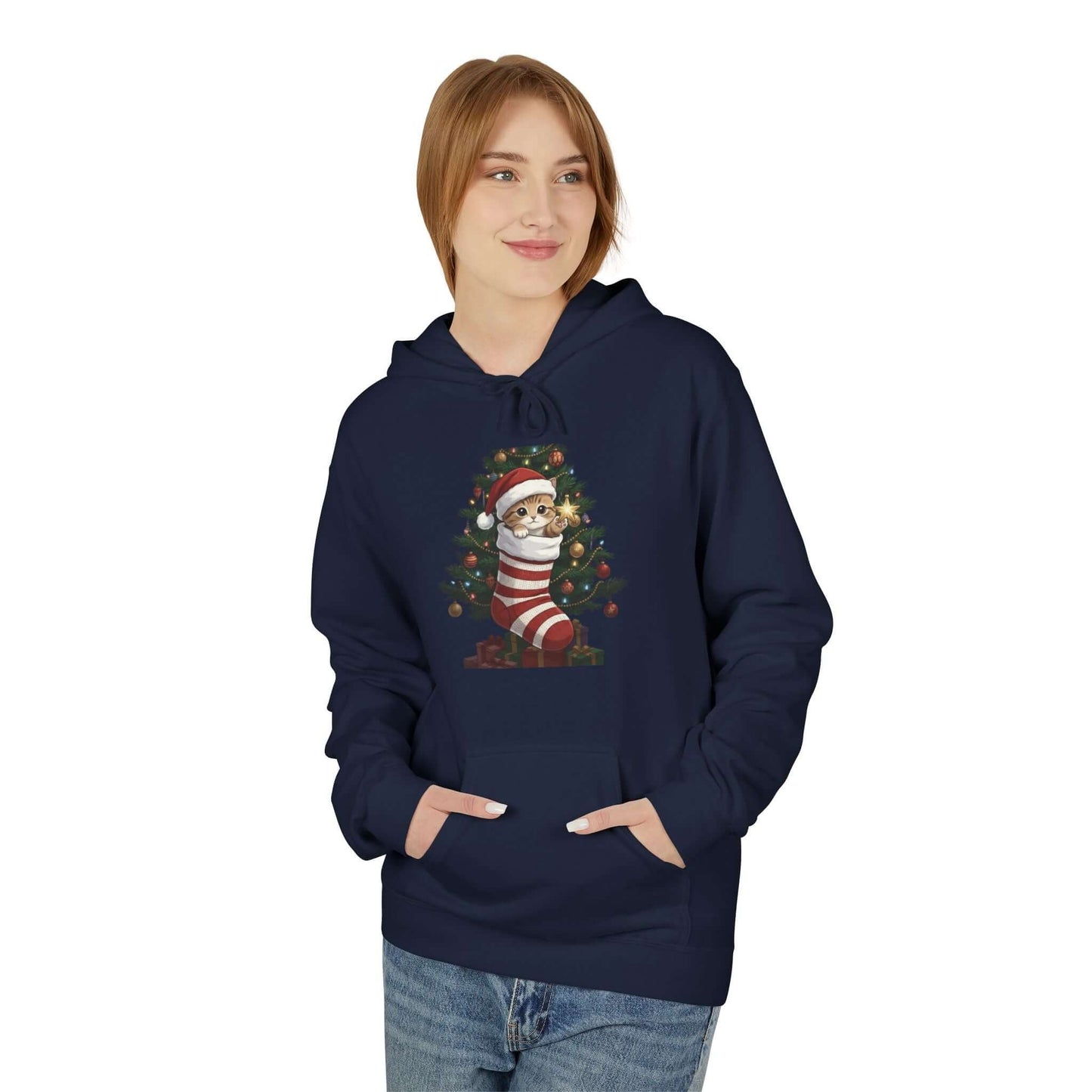 Kitten hiding in Christmas stocking Unisex Fleece Hoodie style 3