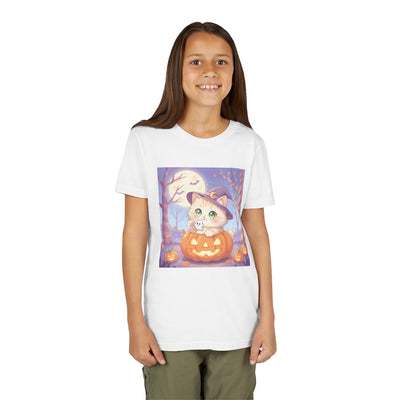 Halloween cute kitten anime style 1 Unisex Youth Tee | T-Shirt, Cute Pumpkin Shirt, Kids Halloween Outfit, Cat Lover Gift, Fun Fall Apparel