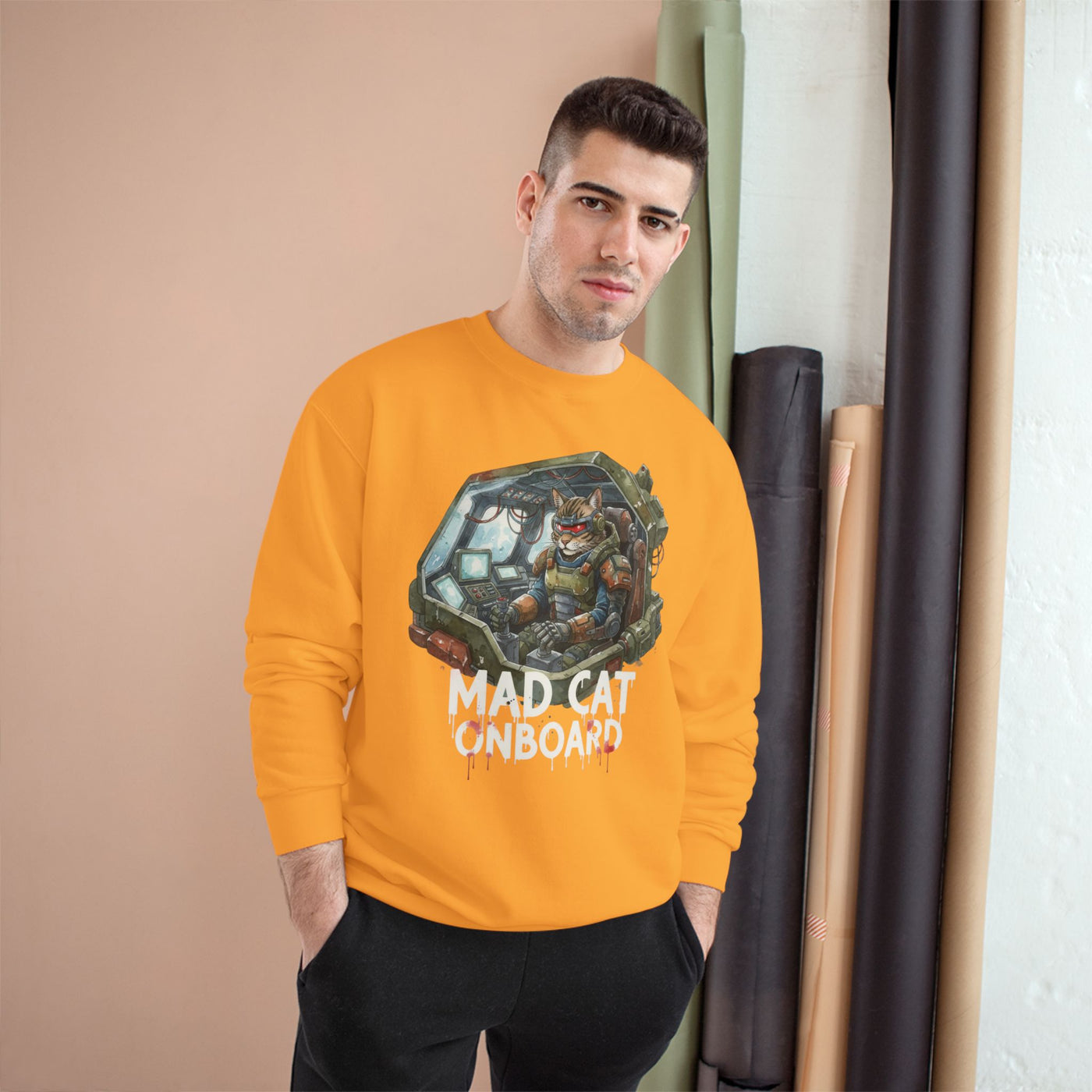 Mad Cat Onboard Graphic style 1 Champion Crewneck Sweatshirt for Gamers & Sci‑Fi Fans