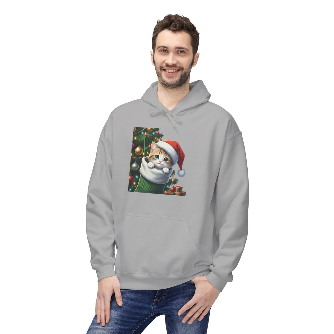 Adorable kitten hiding in Christmas stocking style 2 Cozy Graphic Unisex Midweight Softstyle Fleece Hoodie