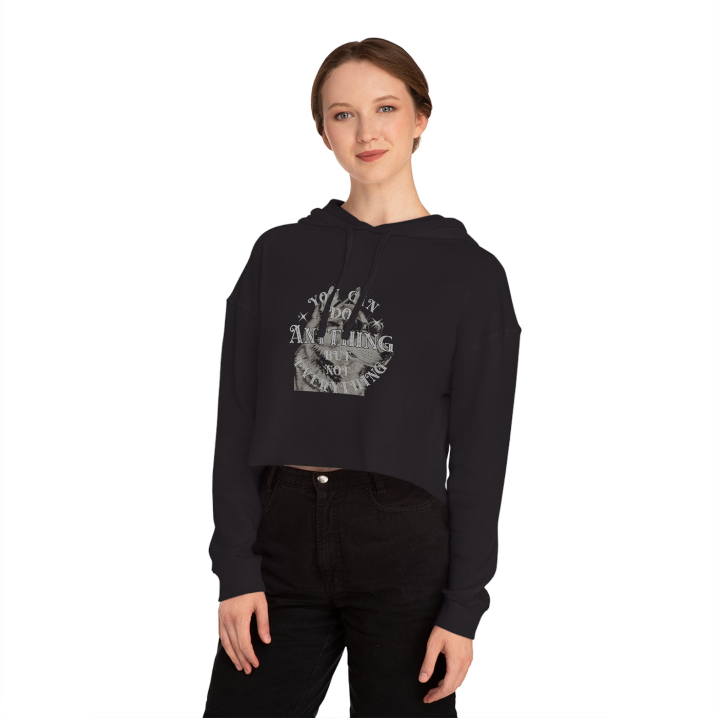 Model wearing a Cool Dog Graphic Motivational Women Cropped Hoodie in black with stylish design.