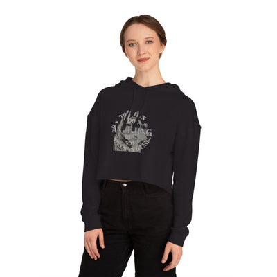 Model wearing a Cool Dog Graphic Motivational Women Cropped Hoodie in black with stylish design.