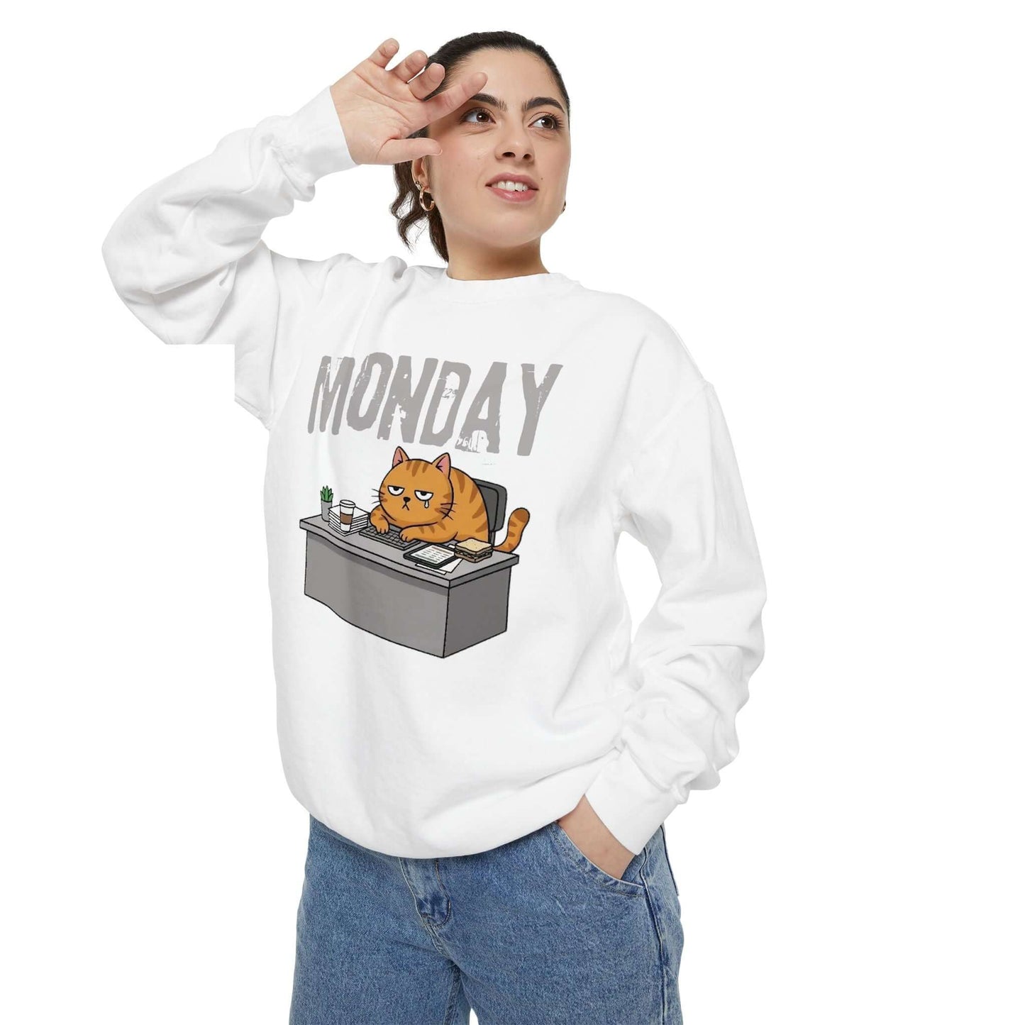 Monday Face Cat Stares Blankly Unisex Crewneck Sweatshirt, featuring a relaxed fit design with humorous cat graphic.