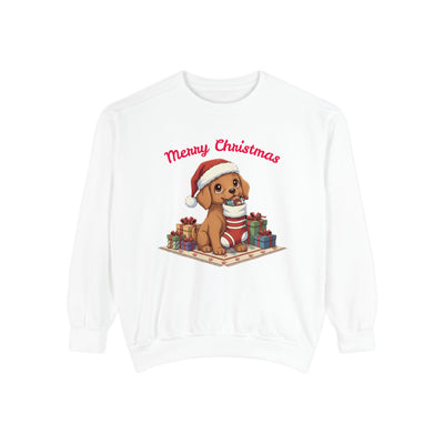 Cute Puppy waiting for Christmas presents style 2 Cozy Graphic Unisex Crewneck Sweatshirt