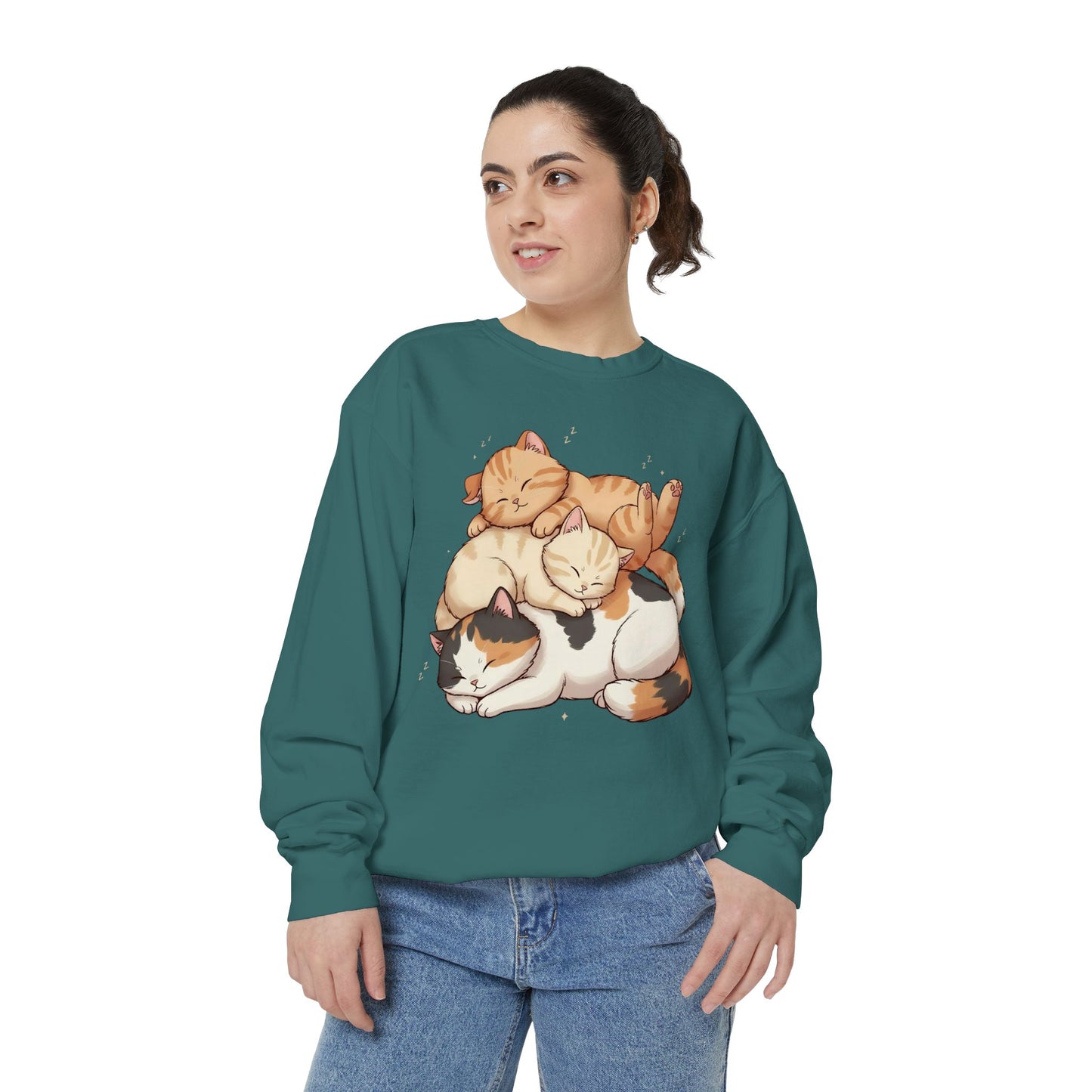 3 Cute Sleeping Cats Cozy Graphic Unisex Crewneck Sweatshirt style 1