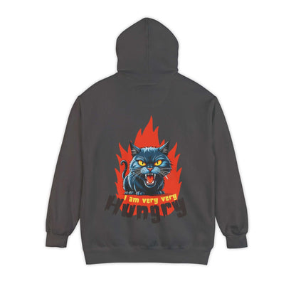 I am very very Hungry - Cartoon Cat Unisex Pullover Hoodie with snarling cat graphic and flames on back.