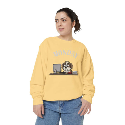Monday Face Dog Stares Blankly Unisex Crewneck Sweatshirt on a model wearing a yellow relaxed-fit top.