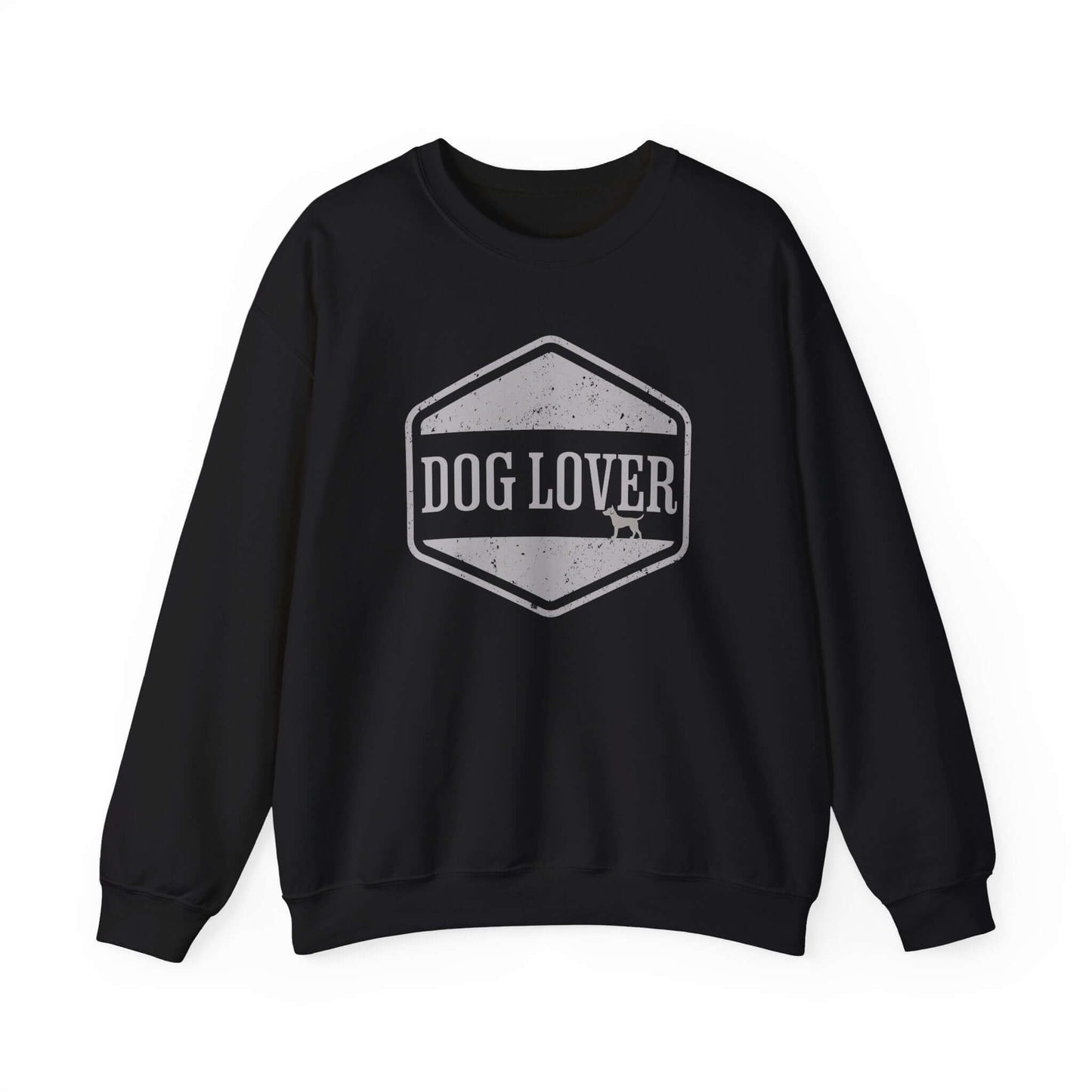 Dog Lover Vintage Badge Unisex Crewneck Sweatshirt in black with vintage badge design on chest.