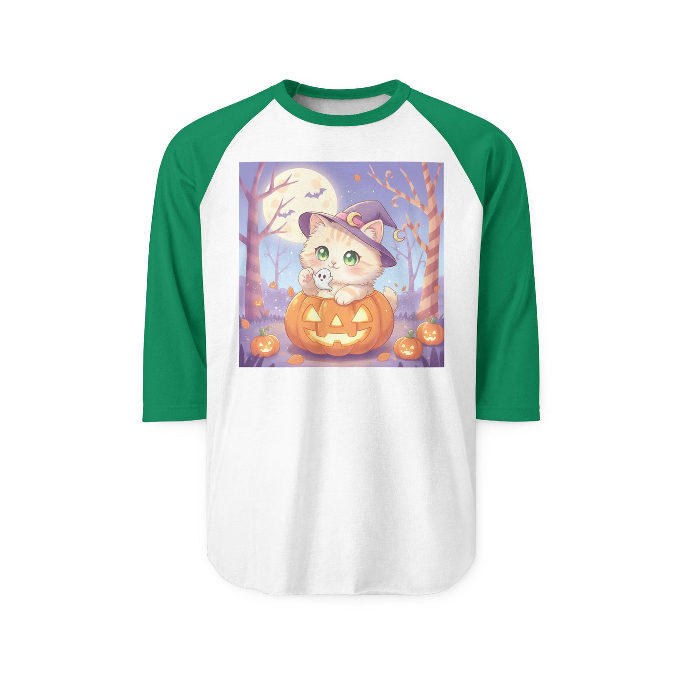 Halloween cute kitten anime style 1 Raglan Shirt, Unisex Halloween Top, Pumpkin Cat Shirt, Cute Cat Tee, Spooky Casual Wear