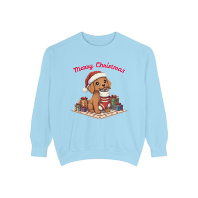 Cute Puppy waiting for Christmas presents style 2 Cozy Graphic Unisex Crewneck Sweatshirt