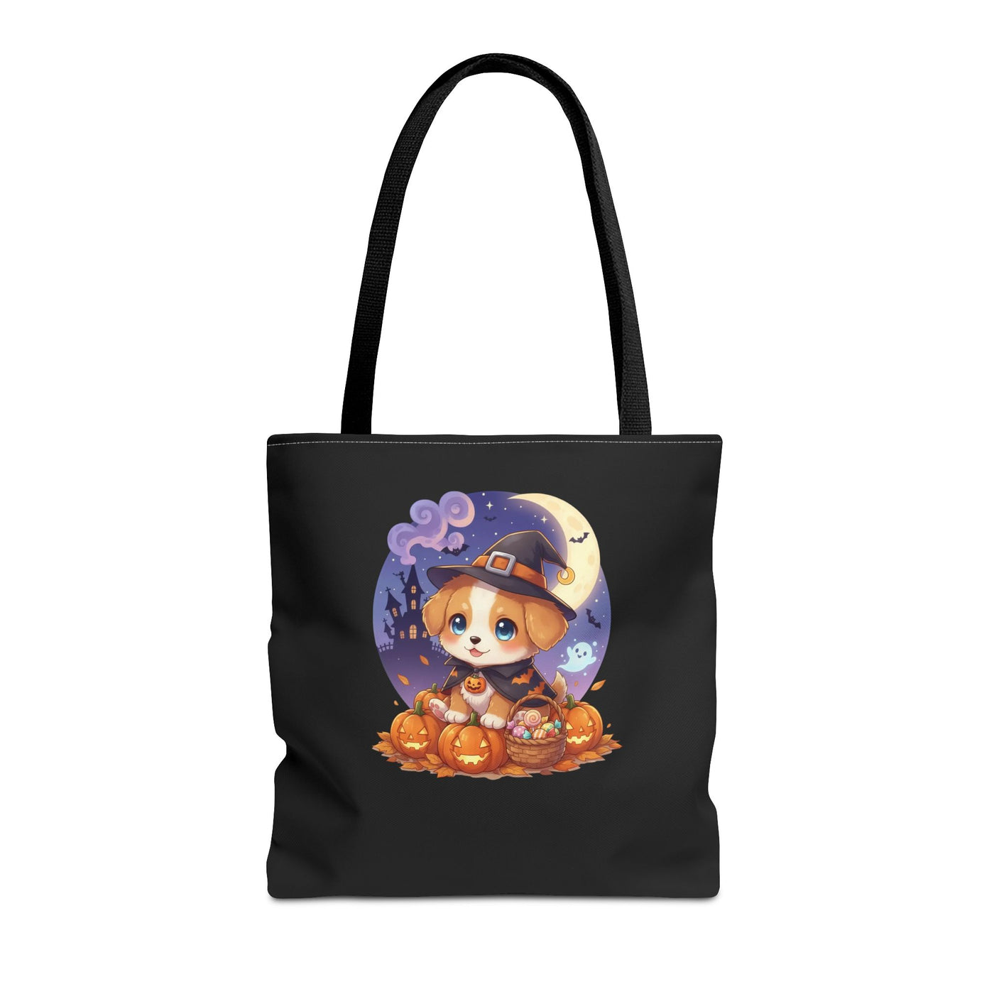 Adorable Halloween Puppy anime style Tote Bag, Pumpkin Lover Gift, Cute Dog Design, Witch Theme, Eco-Friendly Shopping Bag