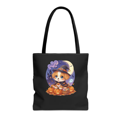 Adorable Halloween Puppy anime style Tote Bag, Pumpkin Lover Gift, Cute Dog Design, Witch Theme, Eco-Friendly Shopping Bag