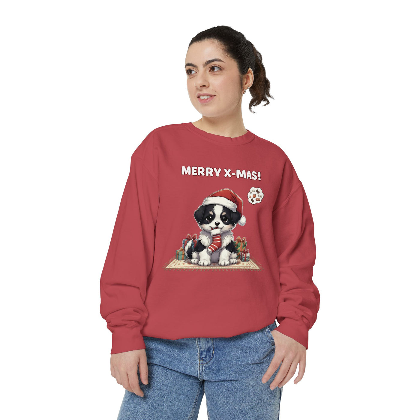 Cute Puppy waiting for Christmas presents style 7 Cozy Graphic Unisex Crewneck Sweatshirt
