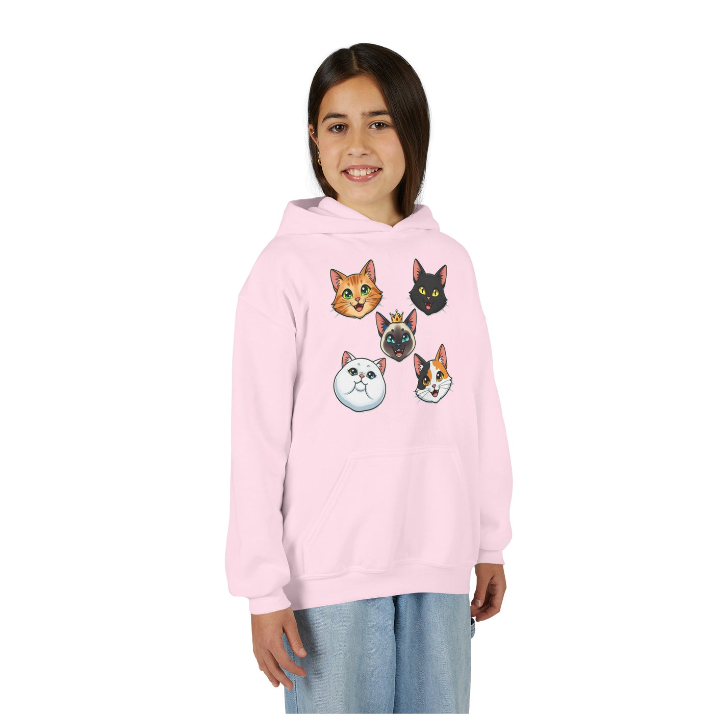 Cute Cat Heads Unisex Youth Hoodie, Fun Pet Lover Sweater, Kids Gift, Animal Lover Apparel, Perfect for Birthdays & Holidays