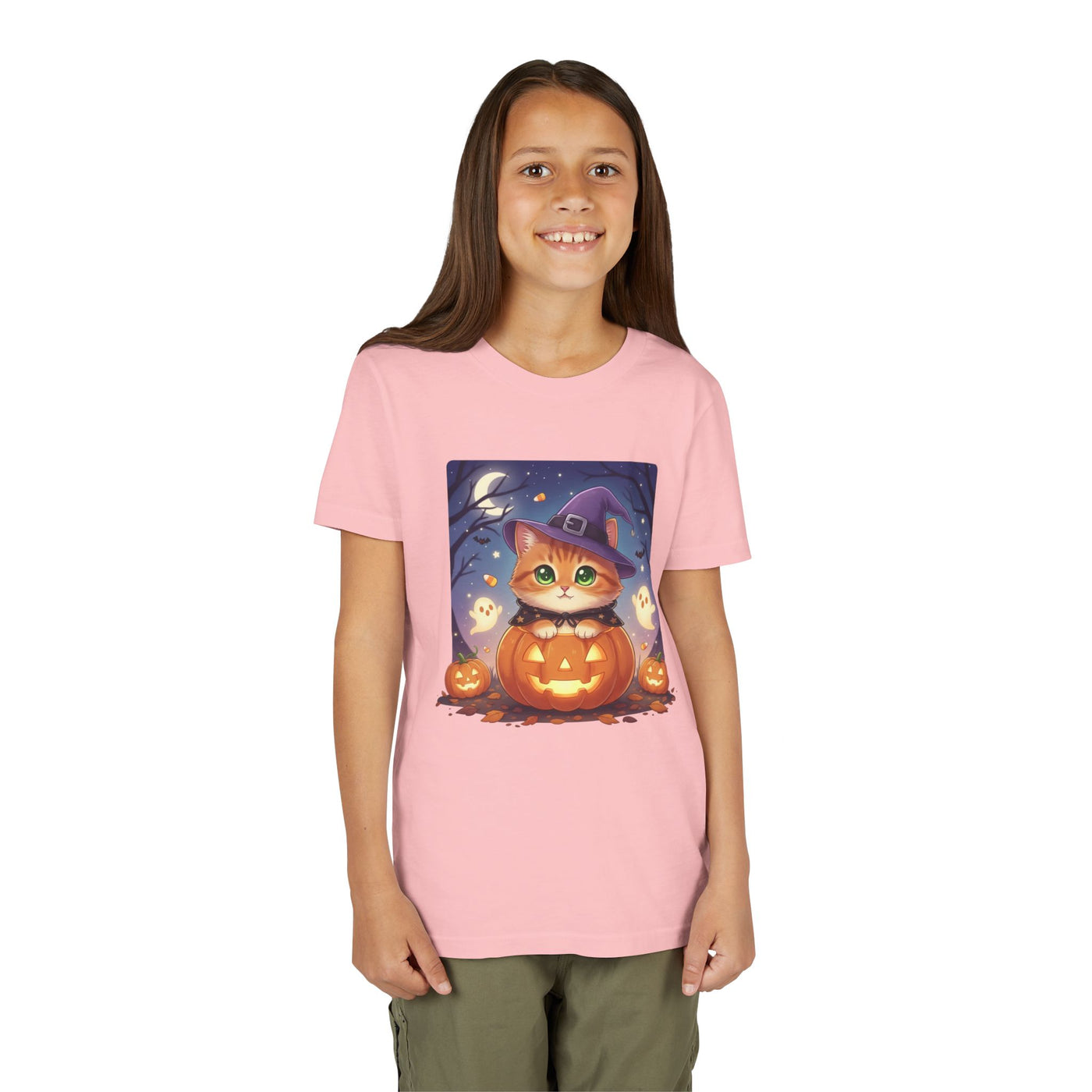 Halloween cute kitten anime style 7 Unisex Youth Tee | T-Shirt, Cute Pumpkin Shirt, Kids Halloween Outfit, Cat Lover Gift, Fun Fall Apparel