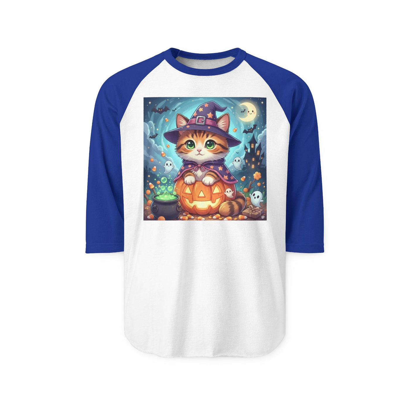 Halloween cute kitten anime style 2 Raglan Shirt, Unisex Halloween Top, Pumpkin Cat Shirt, Cute Cat Tee, Spooky Casual Wear
