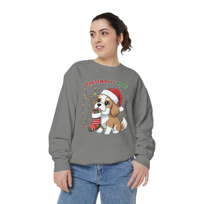 Cute Puppy waiting for Christmas presents style 5 Cozy Graphic Unisex Crewneck Sweatshirt