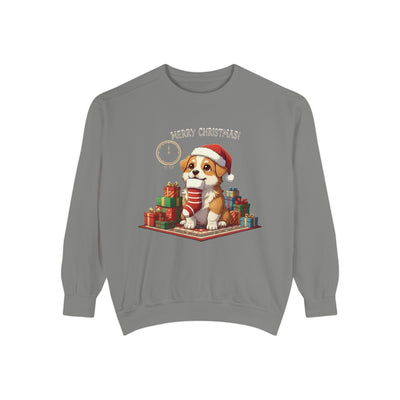 Cute Puppy waiting for Christmas presents style 1 Cozy Graphic Unisex Crewneck Sweatshirt