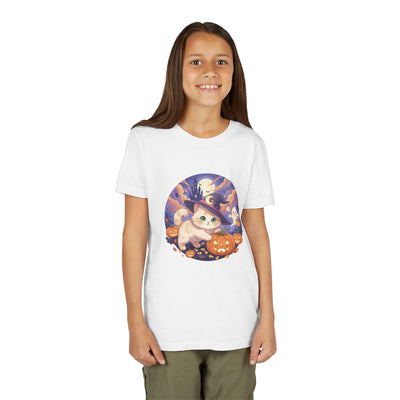 Halloween cute kitten anime style 5 Unisex Youth Tee | T-Shirt, Cute Pumpkin Shirt, Kids Halloween Outfit, Cat Lover Gift, Fun Fall Apparel