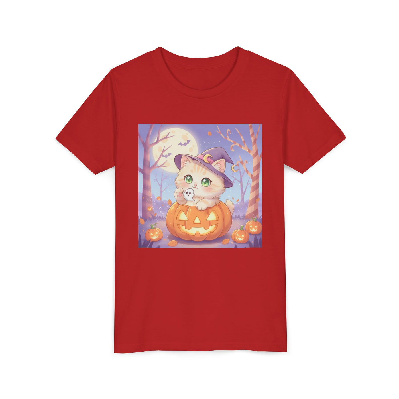 Halloween cute kitten anime style 1 Unisex Youth Tee | T-Shirt, Cute Pumpkin Shirt, Kids Halloween Outfit, Cat Lover Gift, Fun Fall Apparel