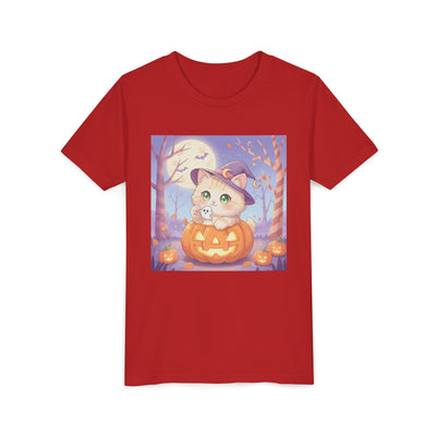 Halloween cute kitten anime style 1 Unisex Youth Tee | T-Shirt, Cute Pumpkin Shirt, Kids Halloween Outfit, Cat Lover Gift, Fun Fall Apparel