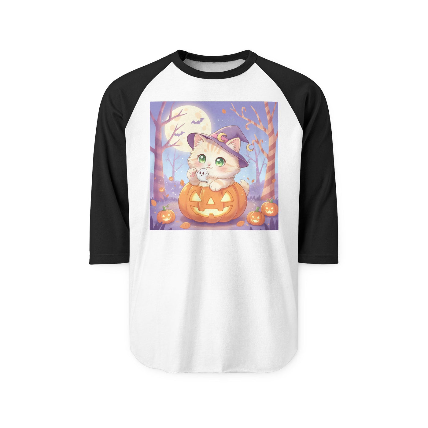Halloween cute kitten anime style 1 Raglan Shirt, Unisex Halloween Top, Pumpkin Cat Shirt, Cute Cat Tee, Spooky Casual Wear