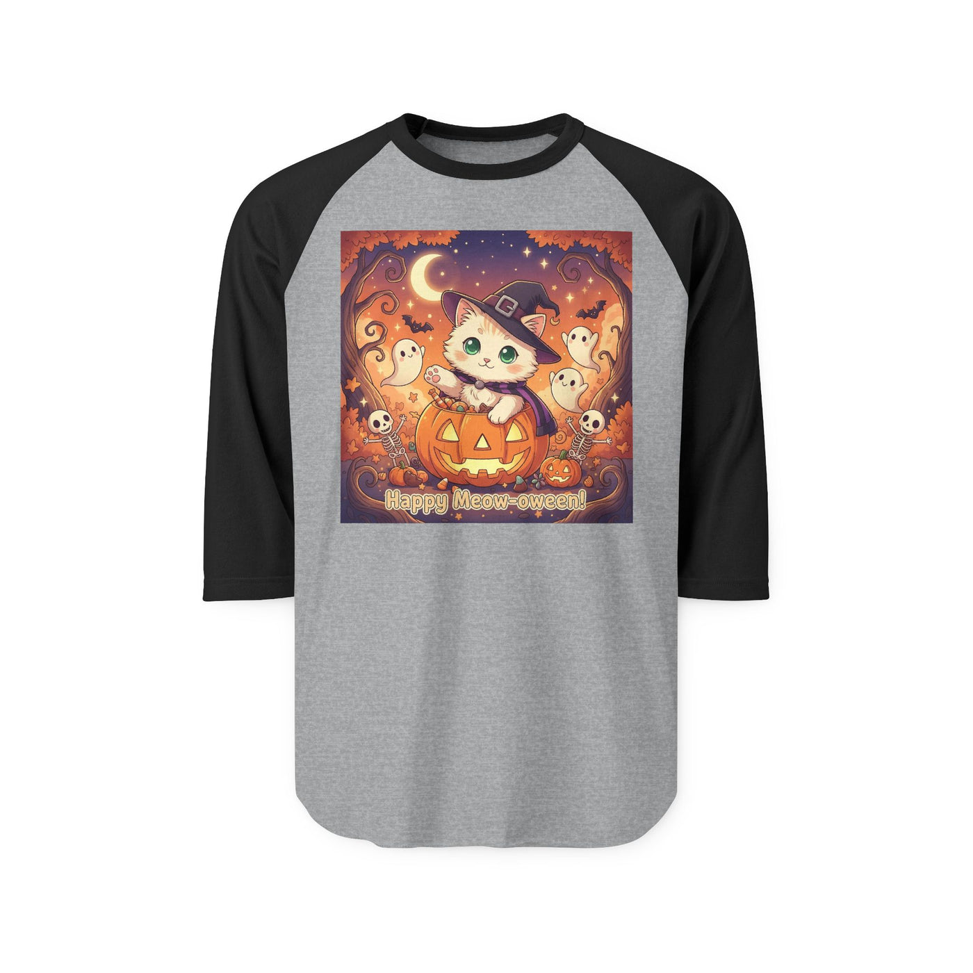 Halloween cute kitten anime style 6 Raglan Shirt, Unisex Halloween Top, Pumpkin Cat Shirt, Cute Cat Tee, Spooky Casual Wear