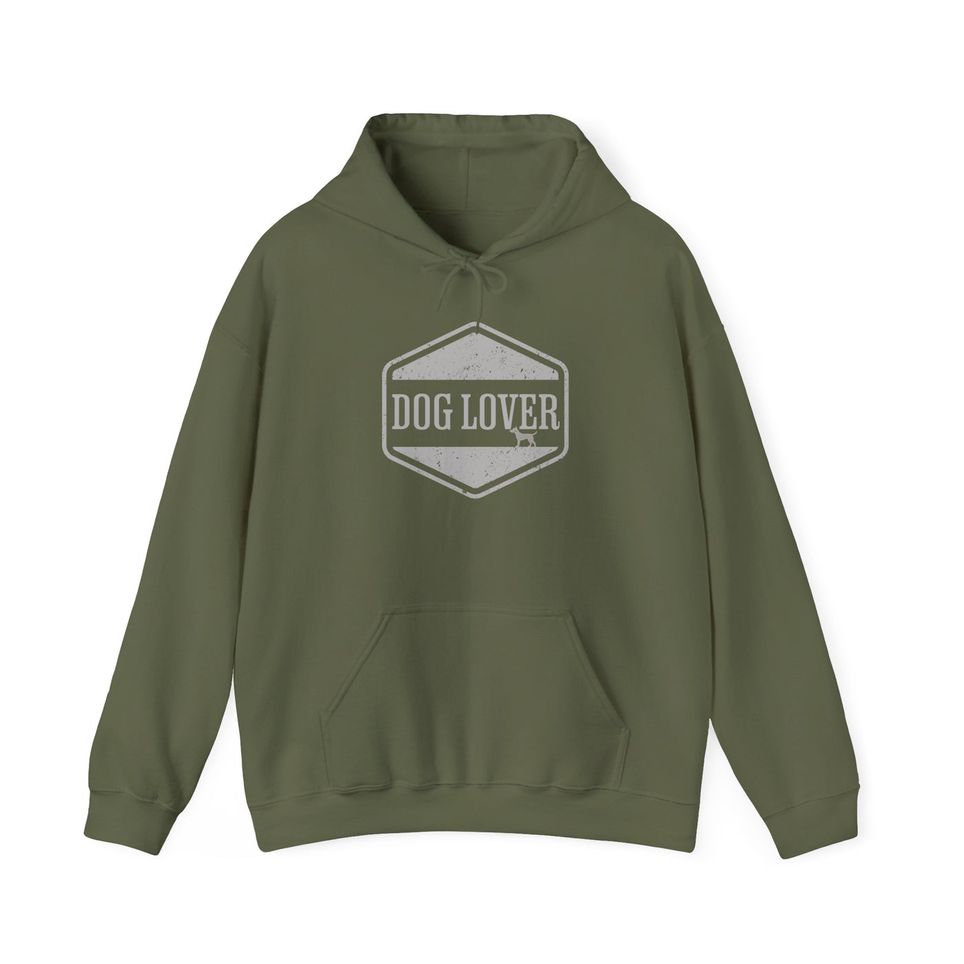 Dog Lover plus Slogan on Back Unisex Pullover Hoodie in olive green with vintage badge design.