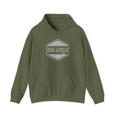 Dog Lover plus Slogan on Back Unisex Pullover Hoodie in olive green with vintage badge design.