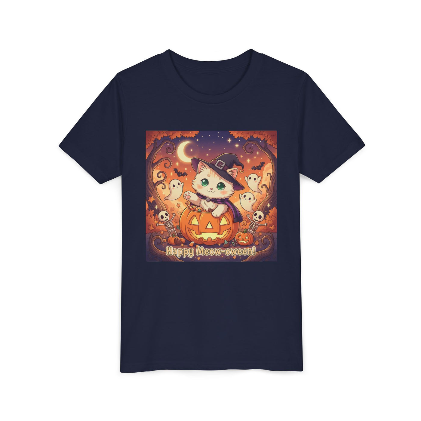 Halloween cute kitten anime style 6 Unisex Youth Tee | T-Shirt, Cute Pumpkin Shirt, Kids Halloween Outfit, Cat Lover Gift, Fun Fall Apparel