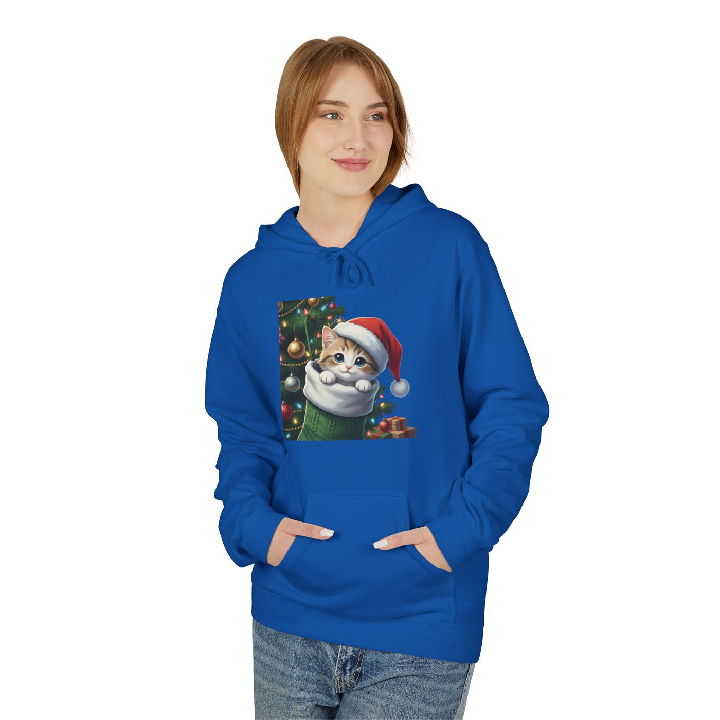 Adorable kitten hiding in Christmas stocking style 2 Cozy Graphic Unisex Midweight Softstyle Fleece Hoodie
