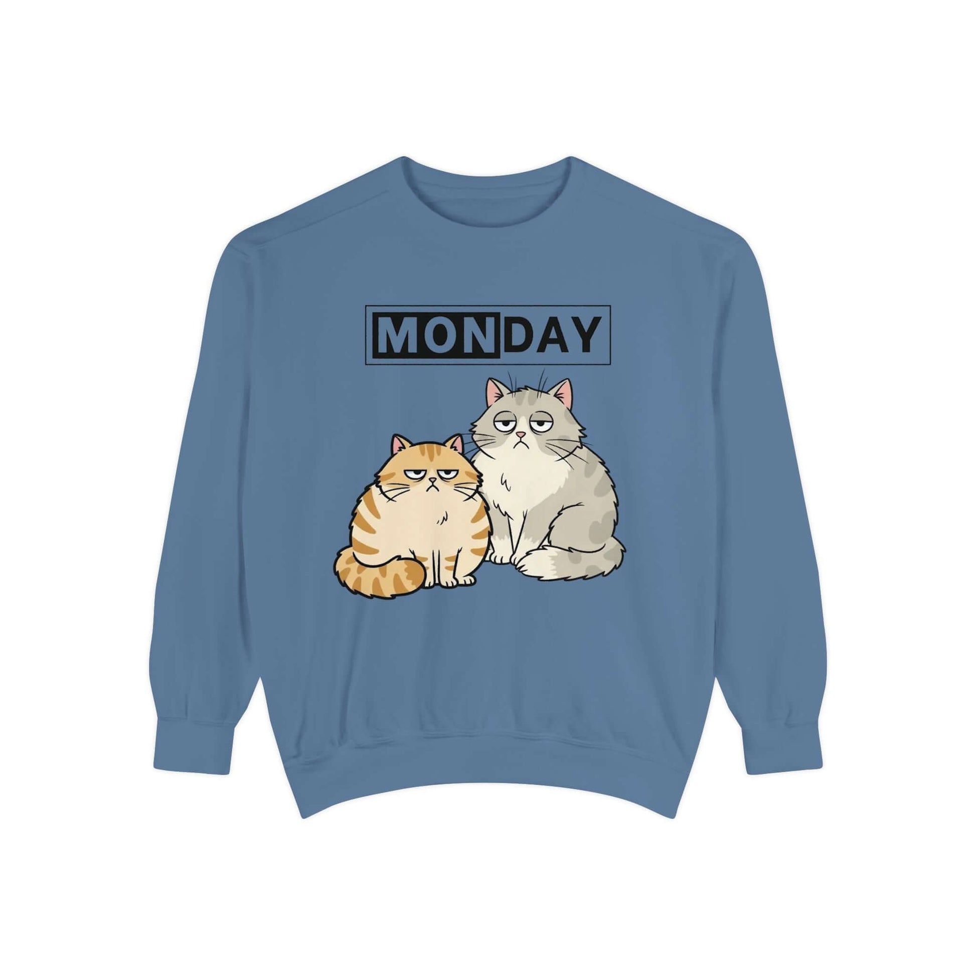 Monday Face Cat Stares Blankly Unisex Crewneck Sweatshirt style 1 featuring two cats under 'MONDAY' banner.