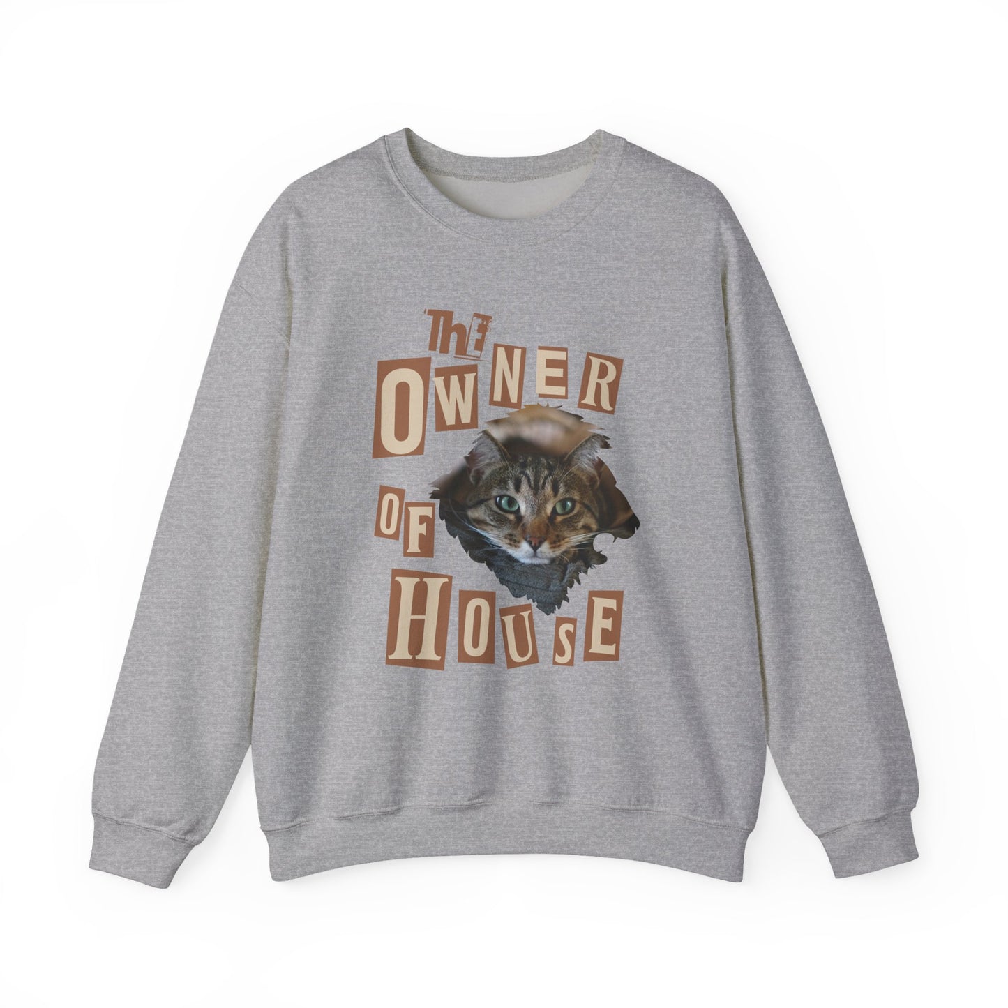 Cat is The Owner of House Unisex Crewneck Sweatshirt in grey with embroidered cat design and vintage lettering.