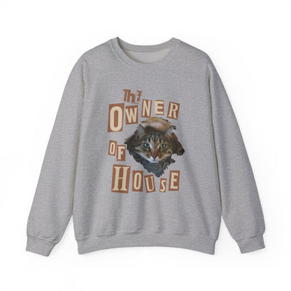 Cat is The Owner of House Unisex Crewneck Sweatshirt in grey with embroidered cat design and vintage lettering.