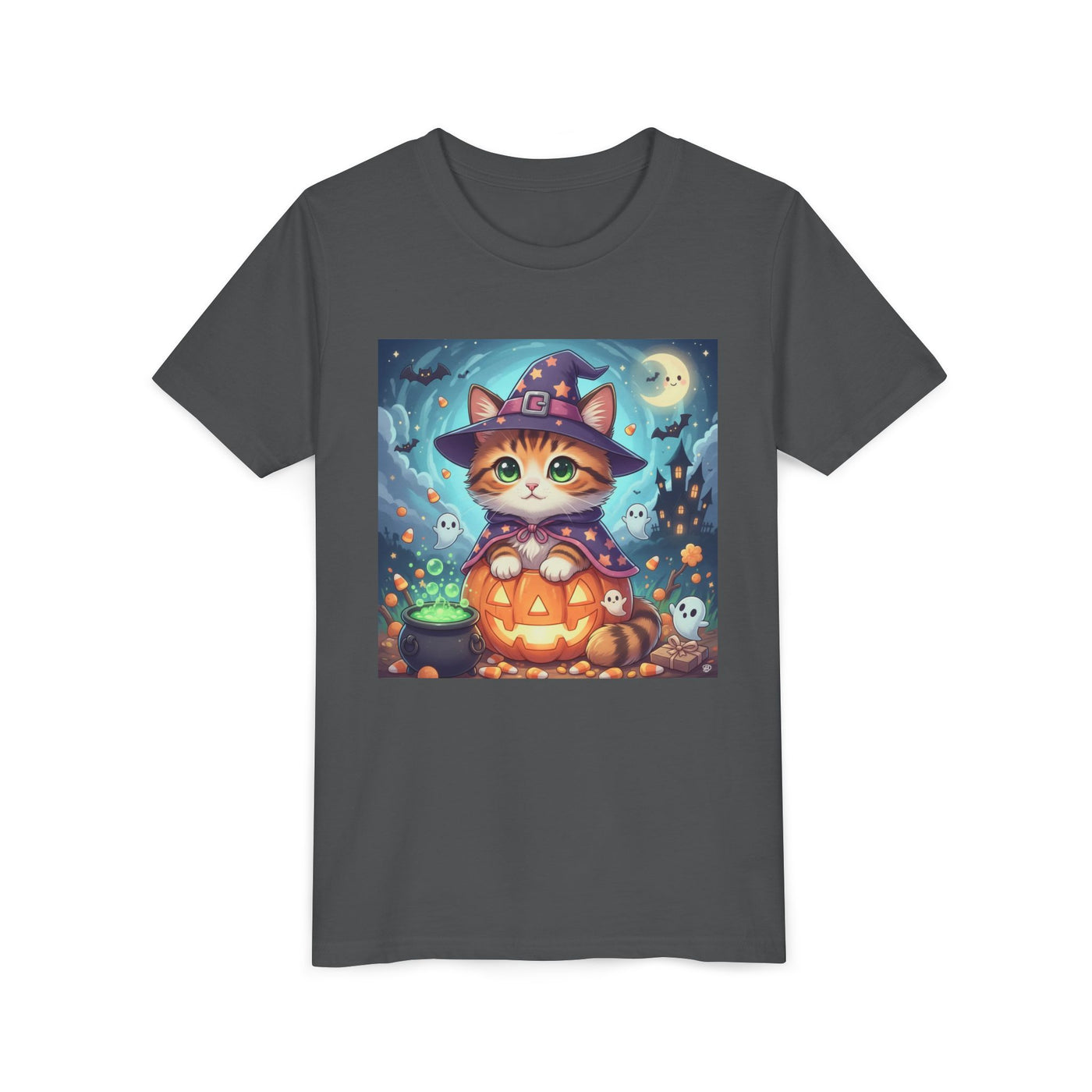 Halloween cute kitten anime style 2 Unisex Youth Tee | T-Shirt, Cute Pumpkin Shirt, Kids Halloween Outfit, Cat Lover Gift, Fun Fall Apparel