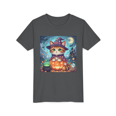 Halloween cute kitten anime style 2 Unisex Youth Tee | T-Shirt, Cute Pumpkin Shirt, Kids Halloween Outfit, Cat Lover Gift, Fun Fall Apparel