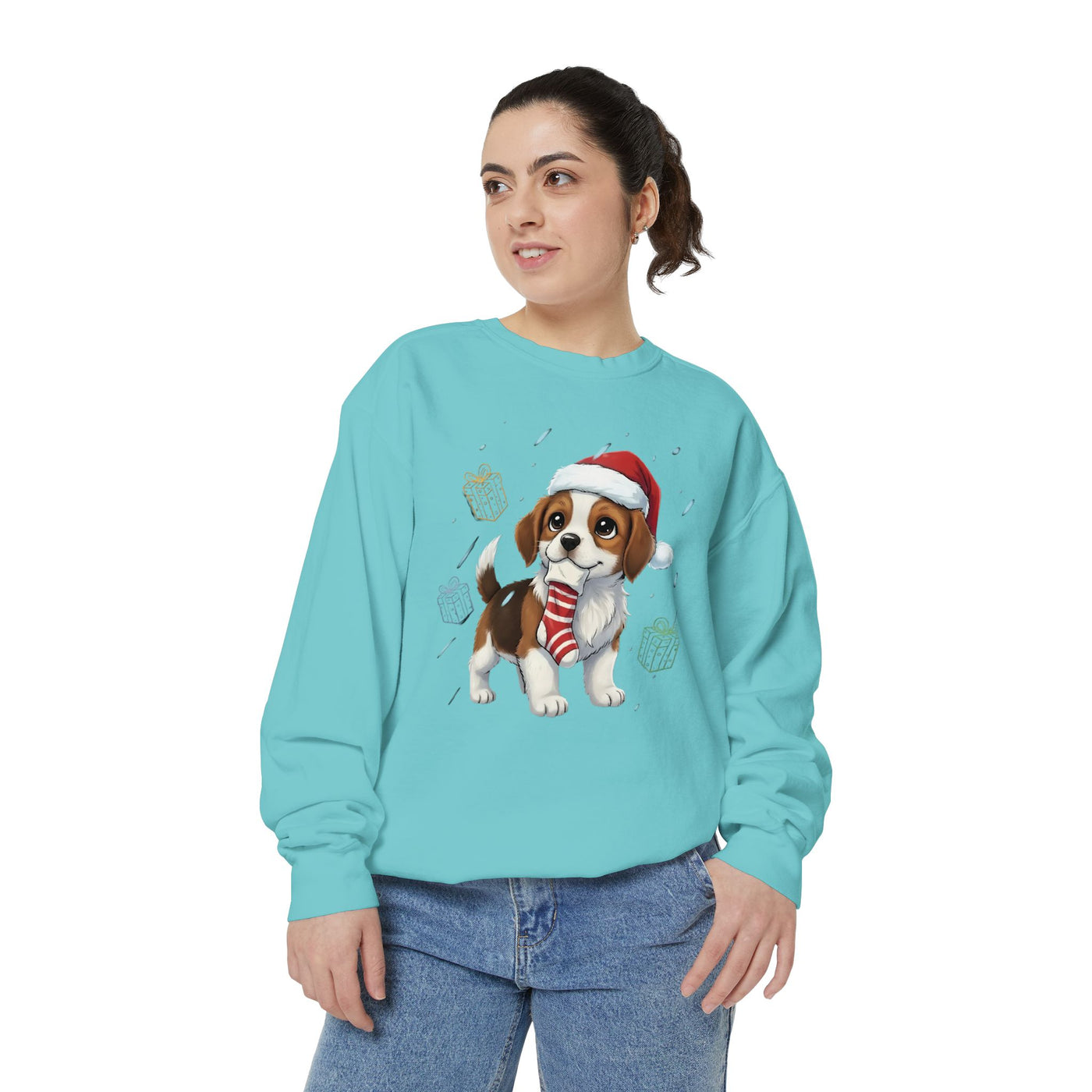 Cute Puppy waiting for Christmas presents style 6 Cozy Graphic Unisex Crewneck Sweatshirt