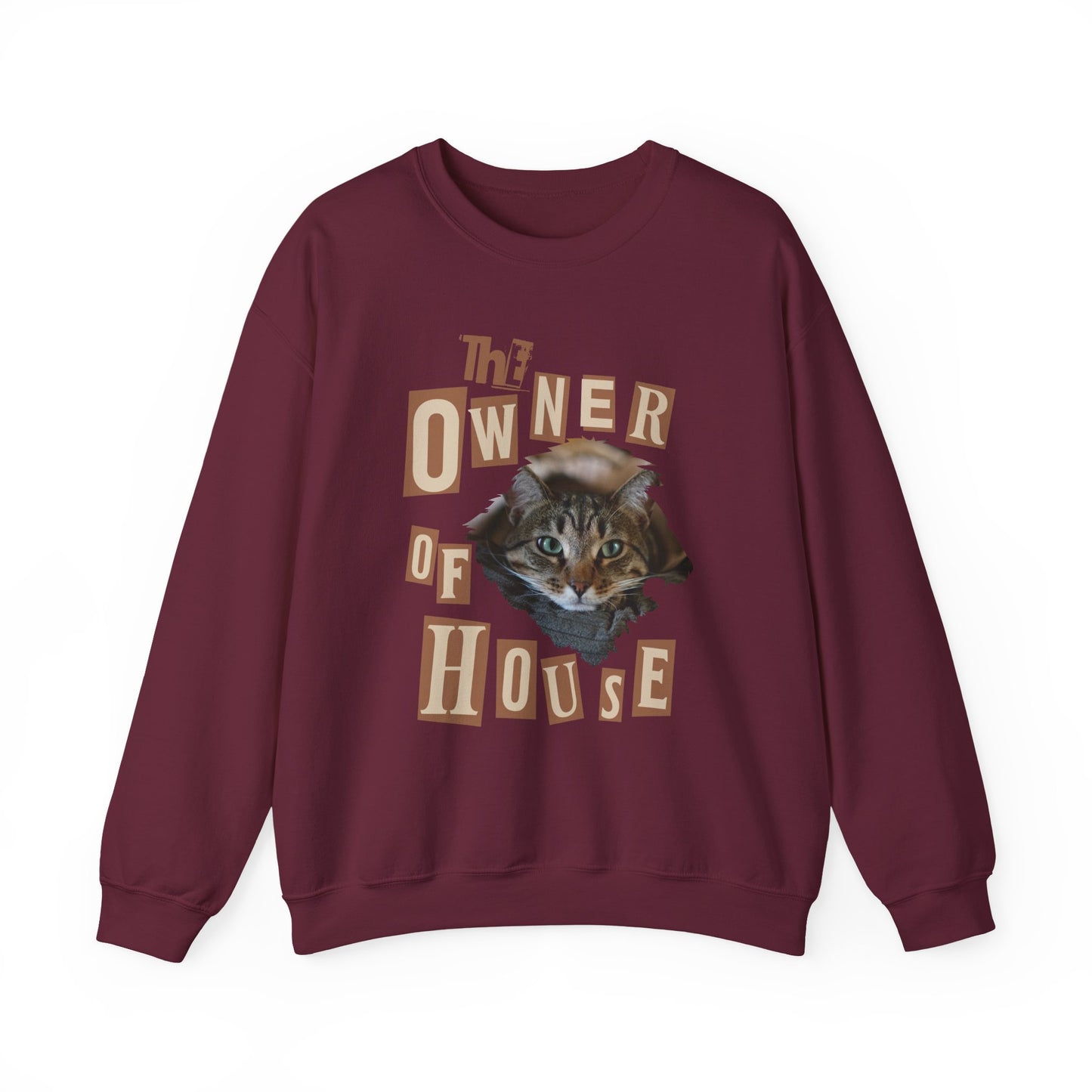 Cat is The Owner of House Unisex Crewneck Sweatshirt in burgundy with embroidered cat design.
