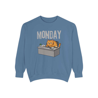 Monday Face Cat Stares Blankly Unisex Crewneck Sweatshirt with cat illustration and 'MONDAY' text.