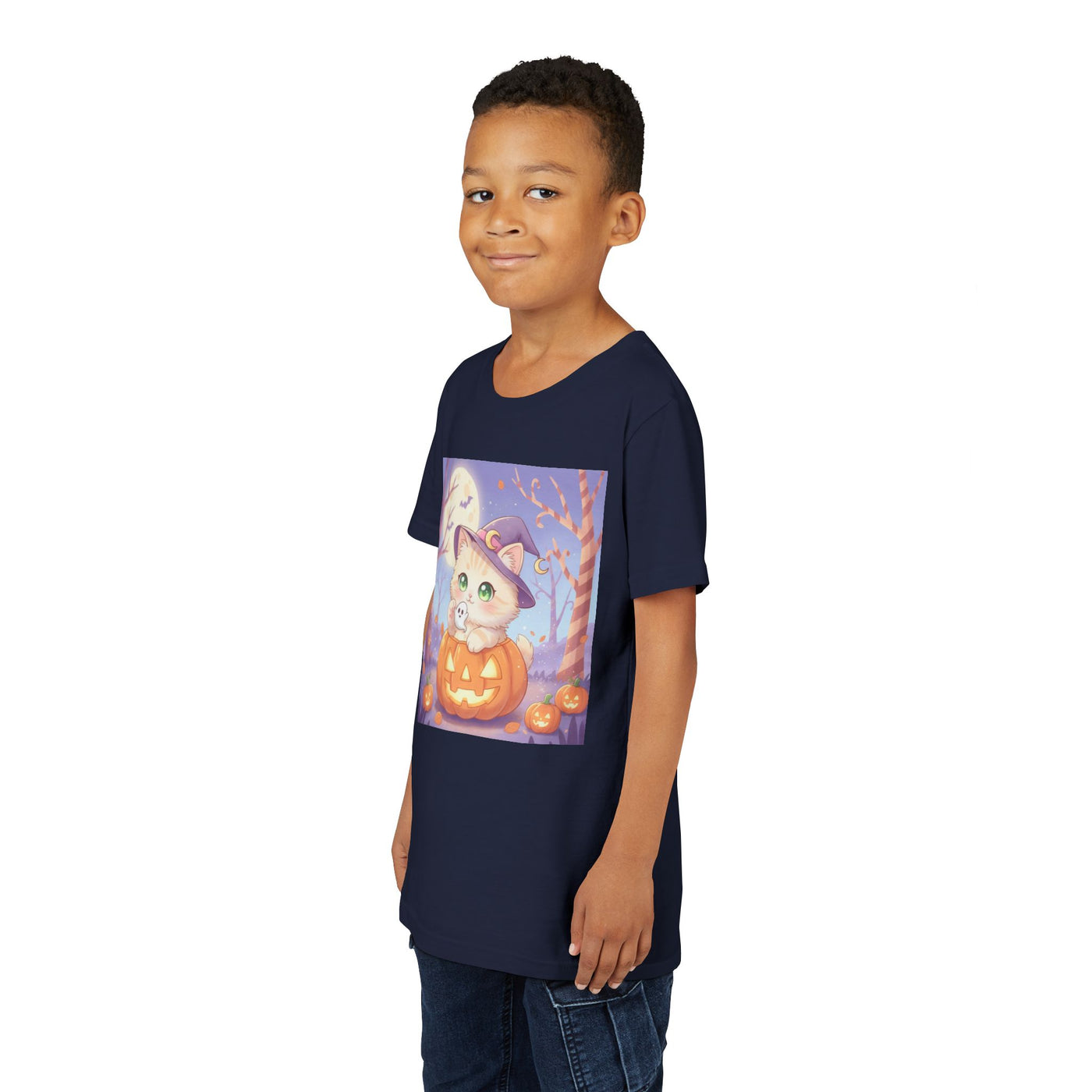 Halloween cute kitten anime style 1 Unisex Youth Tee | T-Shirt, Cute Pumpkin Shirt, Kids Halloween Outfit, Cat Lover Gift, Fun Fall Apparel
