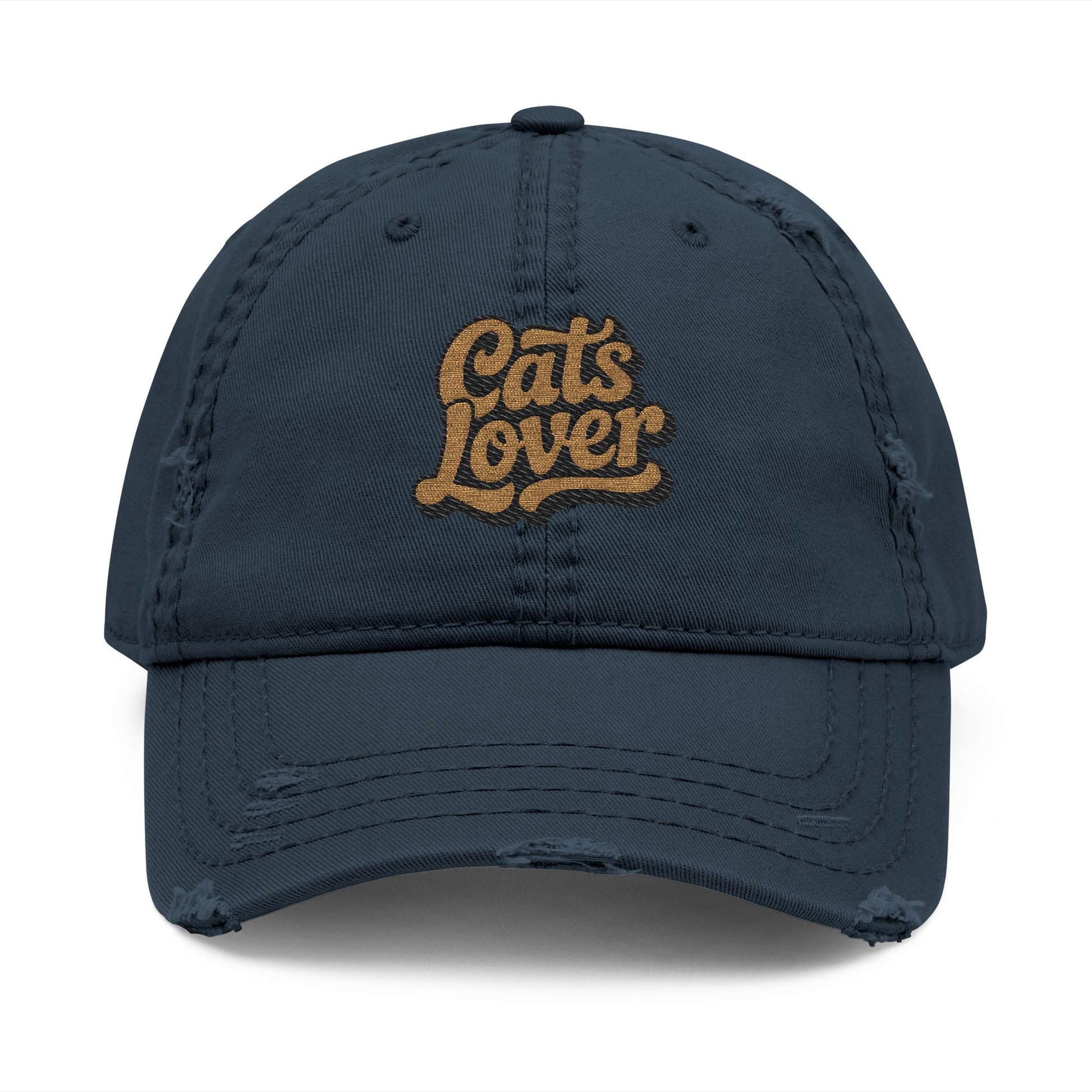 Cats Lover Distressed Embroidered Cap Dad Hat Brown Words featuring a faded, low-profile design.