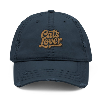 Cats Lover Distressed Embroidered Cap Dad Hat Brown Words featuring a faded, low-profile design.