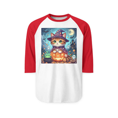 Halloween cute kitten anime style 2 Raglan Shirt, Unisex Halloween Top, Pumpkin Cat Shirt, Cute Cat Tee, Spooky Casual Wear