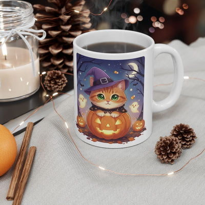 Halloween Themed style 2 Ceramic Mug, Cozy Fall Coffee Cup, Ghosts & Pumpkins Design, Seasonal Gift, Spooky Mug for Halloween Celebrations