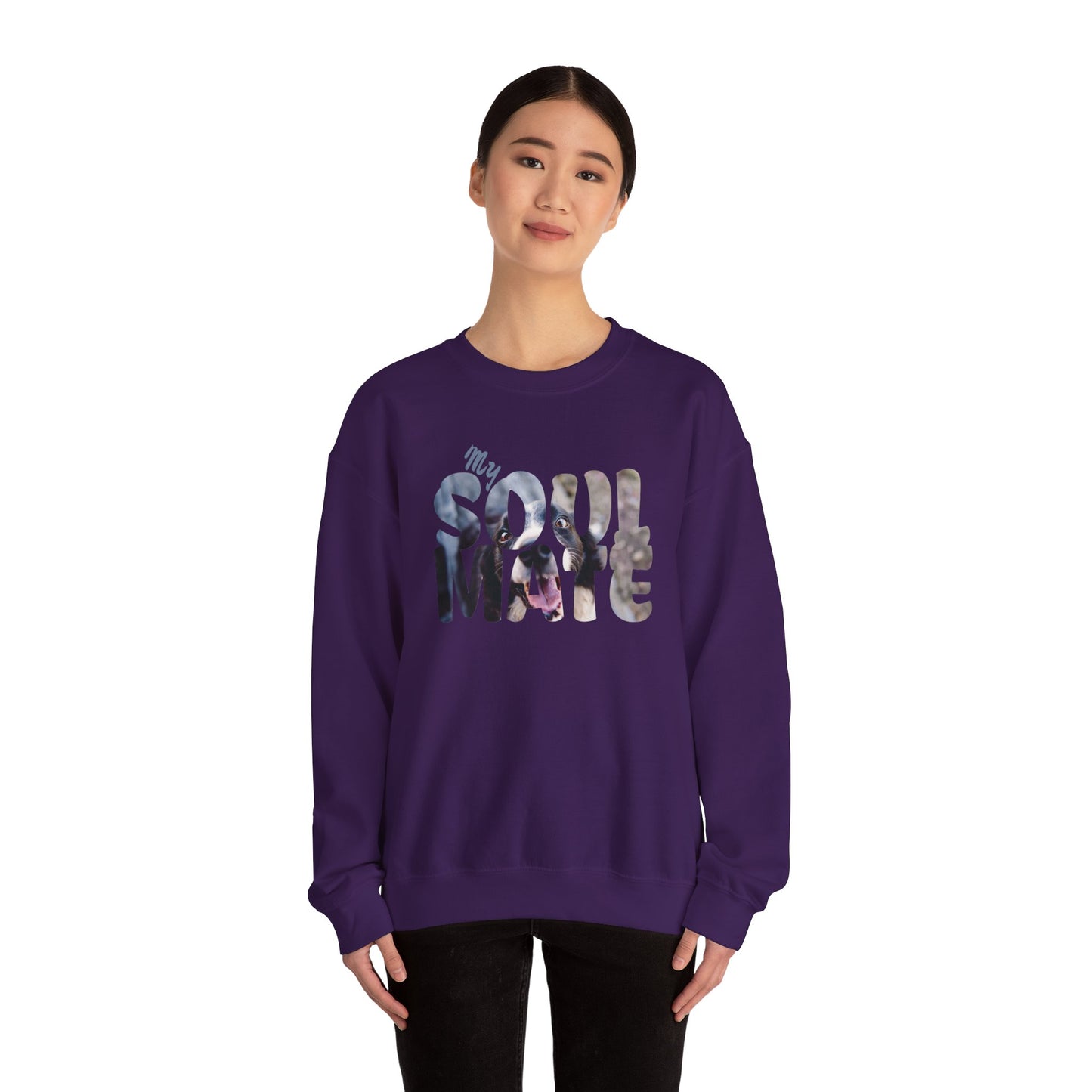 Dog My Soulmate Unisex Crewneck Sweatshirt displayed on a woman in a purple color.