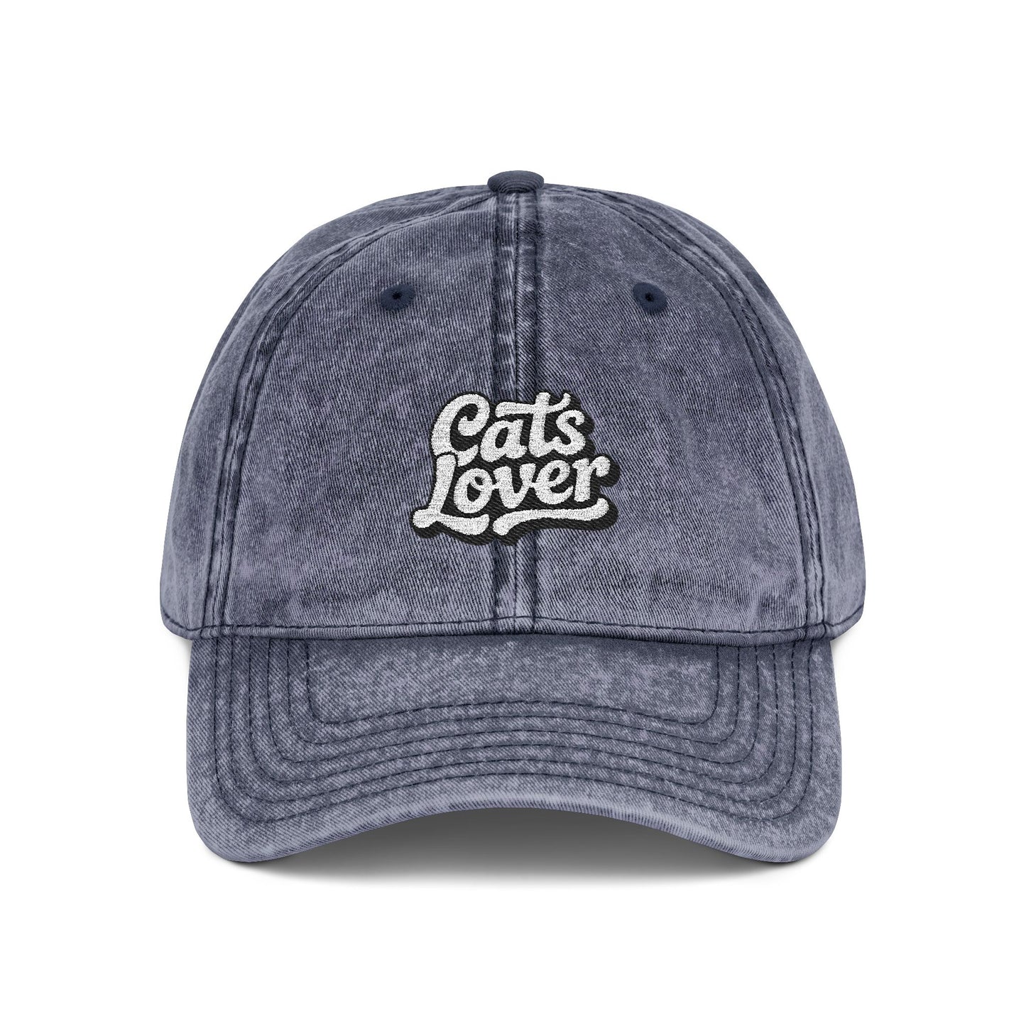 Cats Lover Vintage Embroidered Cap Dad Hat Grey Words, vintage style cap with embroidered "Cats Lover" in script.